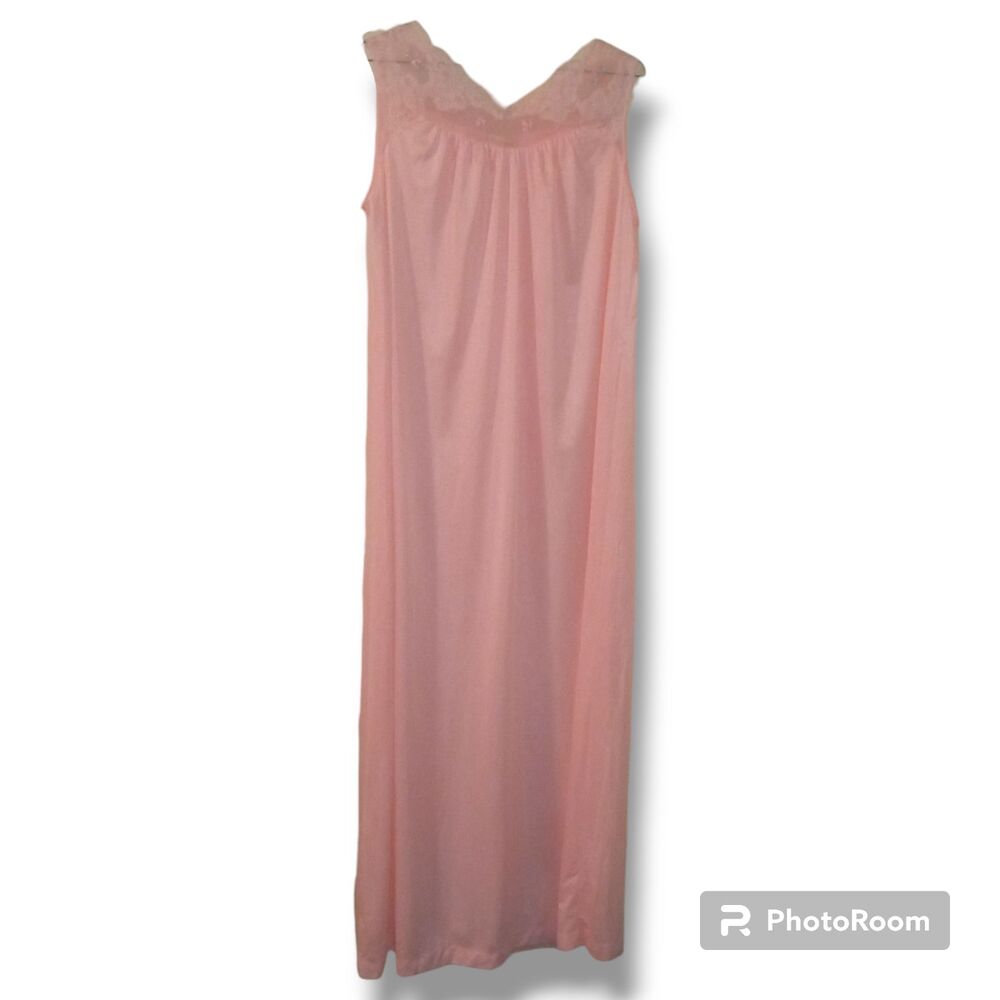 Vintage Aristocraft Medium Pink Sleeveless Nightgown-Lace Bodice-Embroidered-70s